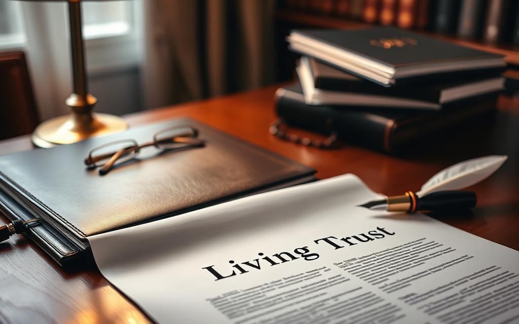 A Formal, Expertly-Crafted Legal Document Lies On A Mahogany Desk, Surrounded By A Leather-Bound Ledger, A Quill Pen, And A Meticulously Organized Stack Of Papers. Soft, Warm Lighting From A Nearby Floor Lamp Casts A Gentle Glow, Creating An Atmosphere Of Professionalism And Attention To Detail. The Document'S Title, &Quot;Living Trust,&Quot; Is Prominently Displayed, Underscoring The Importance And Legality Of The Proceedings. The Scene Conveys A Sense Of Trust, Financial Security, And The Careful Consideration Required When Making Important Life Decisions. A Formal, Expertly-Crafted Legal Document Lies On A Mahogany Desk, Surrounded By A Leather-Bound Ledger, A Quill Pen, And A Meticulously Organized Stack Of Papers. Soft, Warm Lighting From A Nearby Floor Lamp Casts A Gentle Glow, Creating An Atmosphere Of Professionalism And Attention To Detail. The Document'S Title, &Quot;Living Trust,&Quot; Is Prominently Displayed, Underscoring The Importance And Legality Of The Proceedings. The Scene Conveys A Sense Of Trust, Financial Security, And The Careful Consideration Required When Making Important Life Decisions.