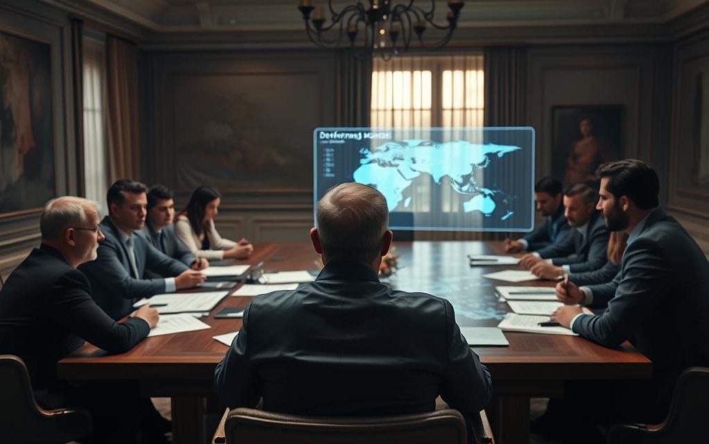 A Dimly Lit Conference Room, With A Large Oak Table At The Center. Around The Table, A Group Of Serious-Faced Individuals Pore Over Documents And Maps, Engaged In Intense Discussion. Soft Light Filters In Through The Windows, Casting A Thoughtful, Strategic Atmosphere. In The Foreground, A Senior Counsel Sits At The Head Of The Table, Their Brow Furrowed As They Outline A Defense Strategy On A Holographic Display. The Mood Is One Of Focused Determination, As The Team Prepares To Navigate The Complexities Of A High-Stakes Legal Battle.
