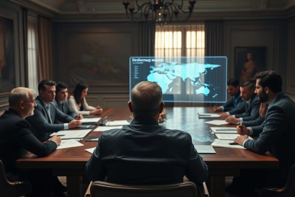 A Dimly Lit Conference Room, With A Large Oak Table At The Center. Around The Table, A Group Of Serious-Faced Individuals Pore Over Documents And Maps, Engaged In Intense Discussion. Soft Light Filters In Through The Windows, Casting A Thoughtful, Strategic Atmosphere. In The Foreground, A Senior Counsel Sits At The Head Of The Table, Their Brow Furrowed As They Outline A Defense Strategy On A Holographic Display. The Mood Is One Of Focused Determination, As The Team Prepares To Navigate The Complexities Of A High-Stakes Legal Battle.