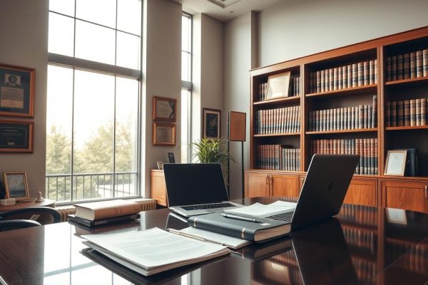 A Modern, Elegant Law Office Interior With Large Windows Flooding The Space With Warm, Natural Light. Highlighted On The Desk Are Several Legal Documents And A Laptop, Conveying The Image Of An Active Legal Practice Focused On Reputation Protection. The Walls Display Awards And Accolades, Establishing An Atmosphere Of Expertise And Credibility. Bookshelves In The Background Hold An Impressive Collection Of Law Volumes, Further Reinforcing The Professional Nature Of The Setting. The Overall Mood Is One Of Authority, Competence, And The Ability To Navigate Complex Legal Matters Surrounding Defamation Cases.