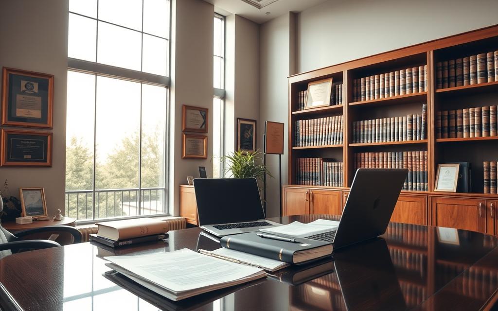 A Modern, Elegant Law Office Interior With Large Windows Flooding The Space With Warm, Natural Light. Highlighted On The Desk Are Several Legal Documents And A Laptop, Conveying The Image Of An Active Legal Practice Focused On Reputation Protection. The Walls Display Awards And Accolades, Establishing An Atmosphere Of Expertise And Credibility. Bookshelves In The Background Hold An Impressive Collection Of Law Volumes, Further Reinforcing The Professional Nature Of The Setting. The Overall Mood Is One Of Authority, Competence, And The Ability To Navigate Complex Legal Matters Surrounding Defamation Cases.